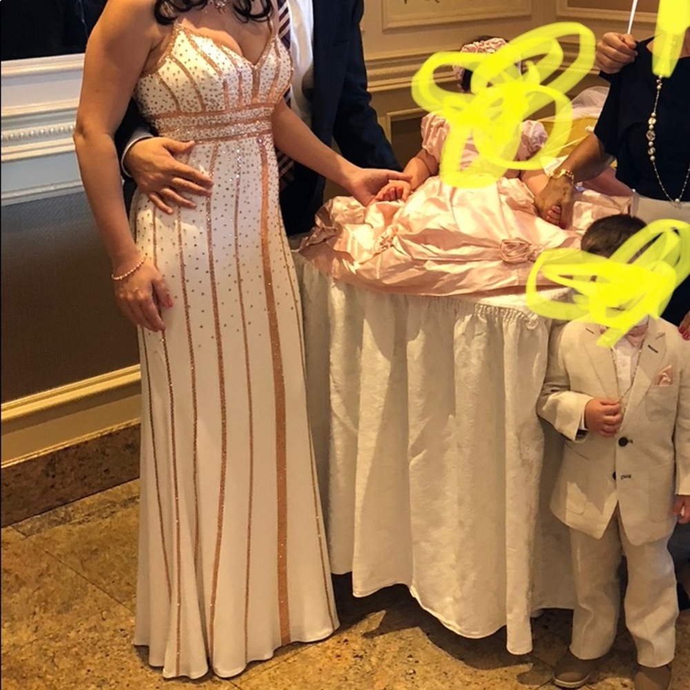Long evening/occasion white and rose gold dress